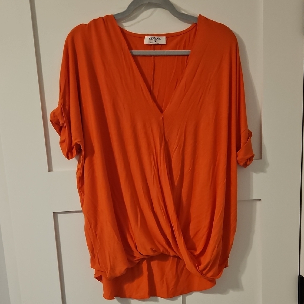 Zenana Outfitters Orange Flutter Sleeve Wrap Blouse